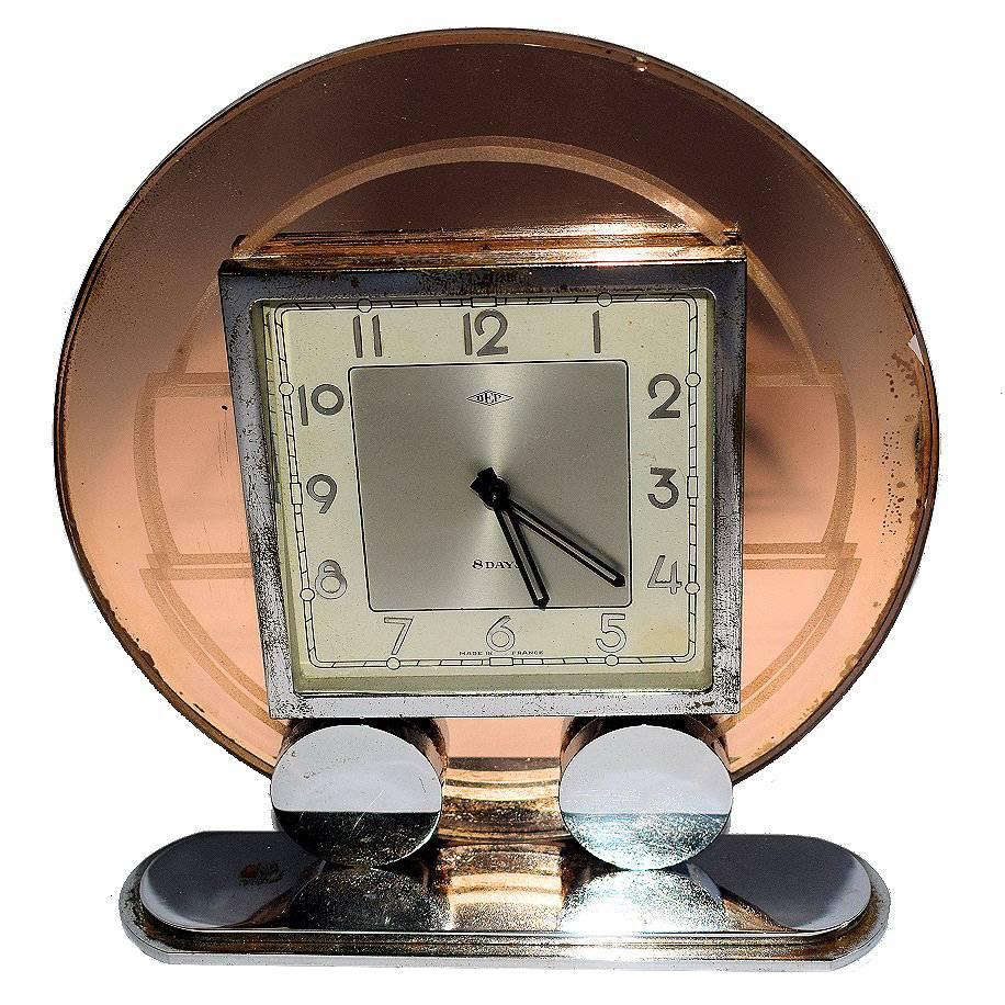 French Art Deco Modernist Mirror Clock 8 Day