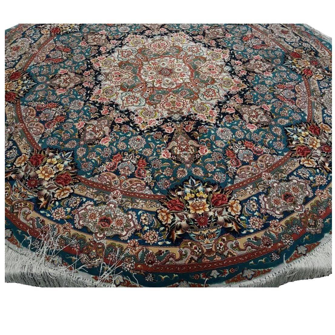 Master Salari Round Turquoise Hand-Knotted Persian Tabriz Rug For Sale