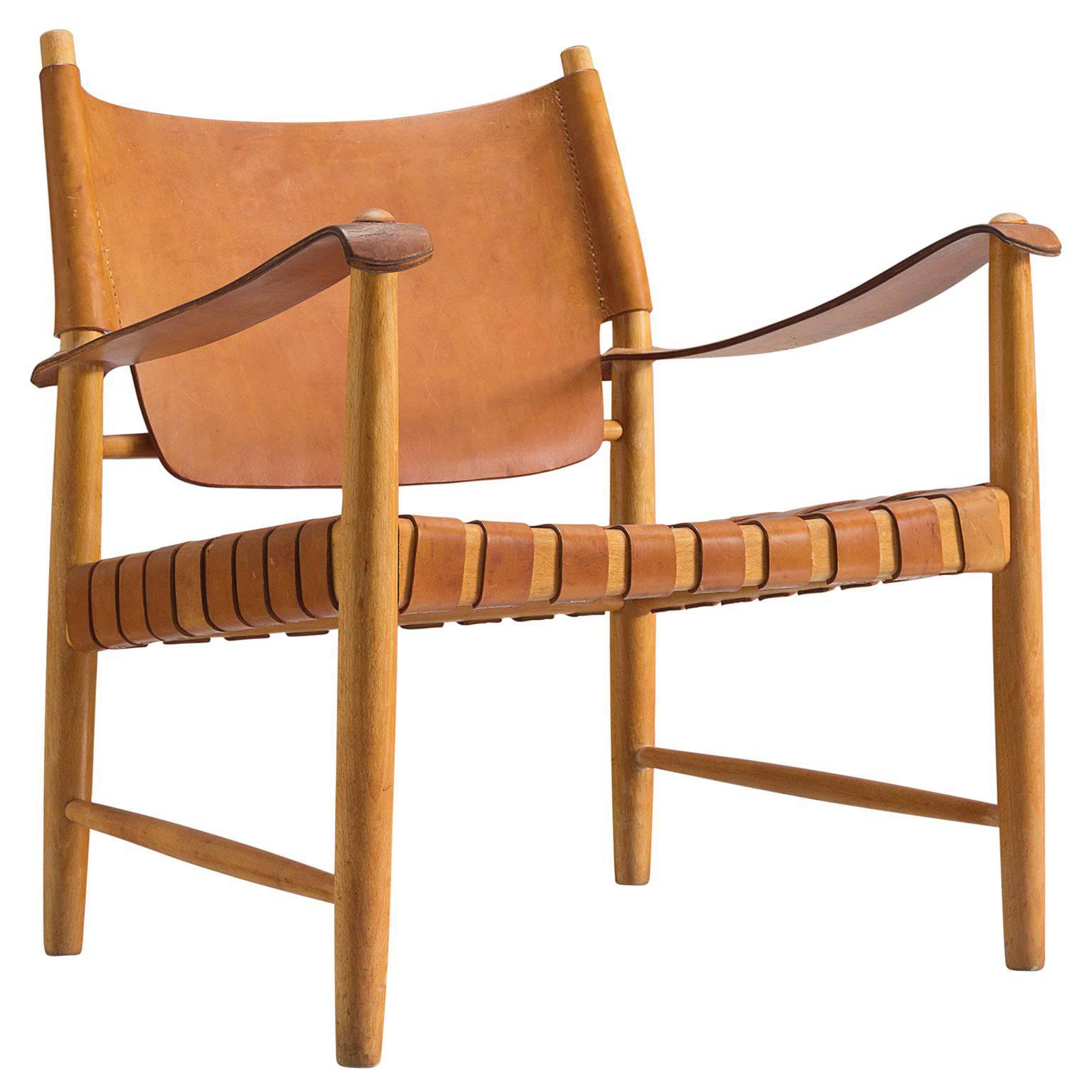 Danish Cognac Leather Safari Chair, 1950s