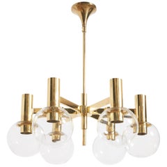 Large Hans-Agne Jakobsson Brass, Glass Six-Globe Chandelier, 1970s