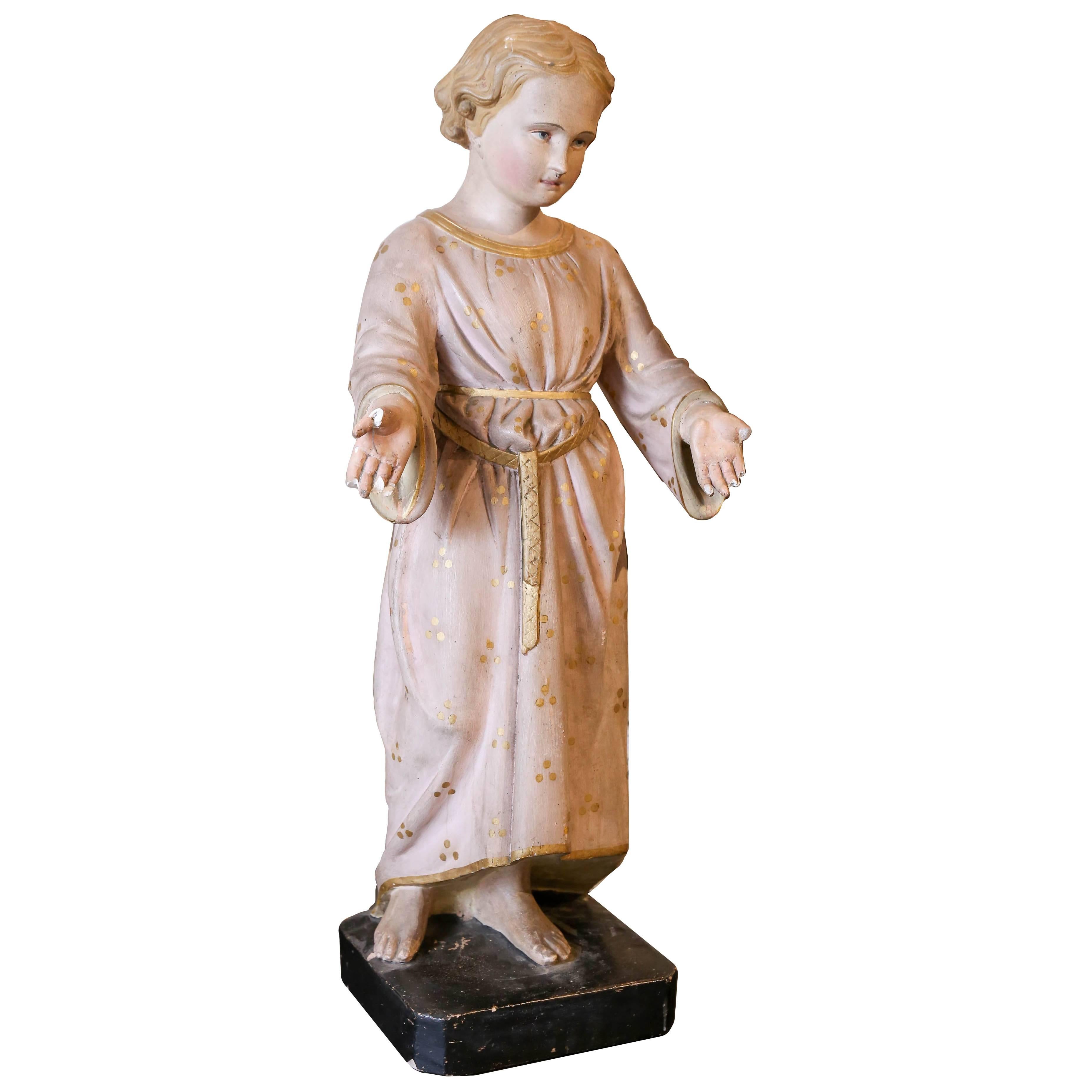 Antique Painted Plaster Statue of Saint John Found in France, circa 1900