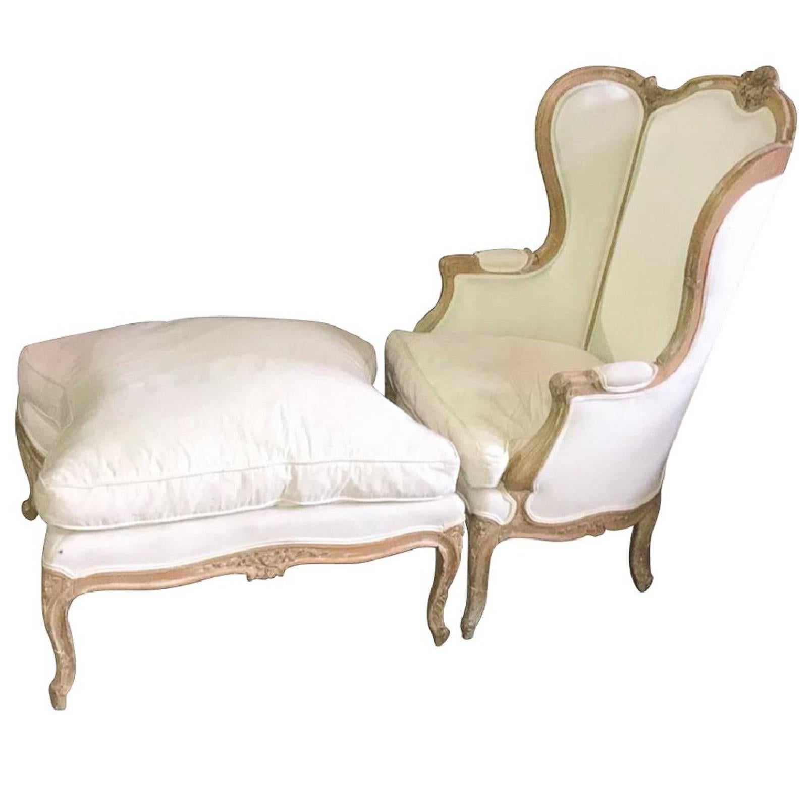 French Louis XVI Style Carved Bleached Walnut Bergere with Ottoman, 19th Century For Sale