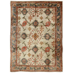 Antique Turkish Oushak Rug With All Over Design in Teal, Cream & Coral
