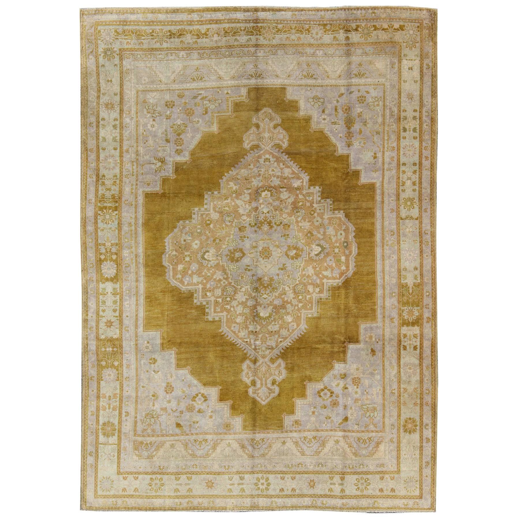 Vintage Turkish Oushak Rug in Saturated Gold And Warm Neutral Colors