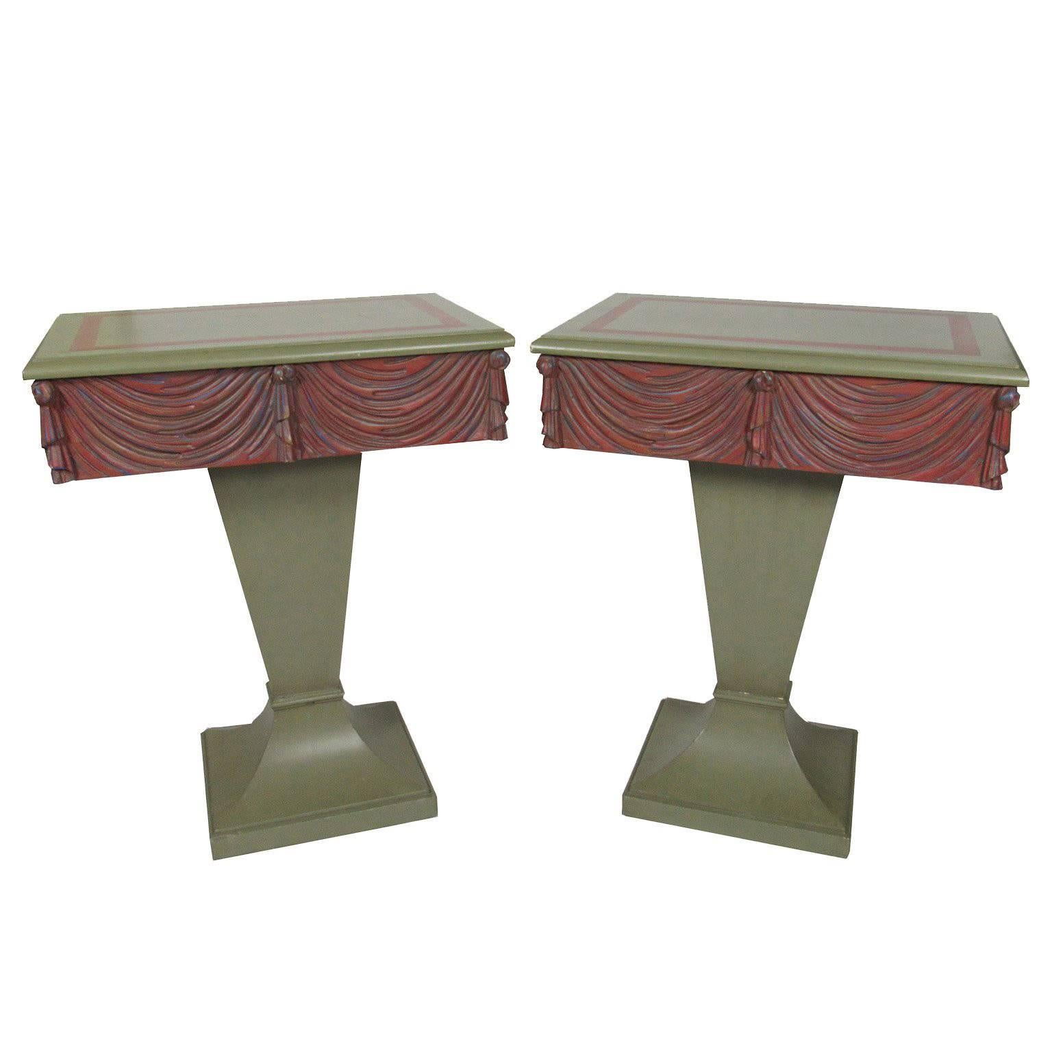 Pair of Mid-Century Neoclassical Style Paint-Decorated Swag-Carved End Tables