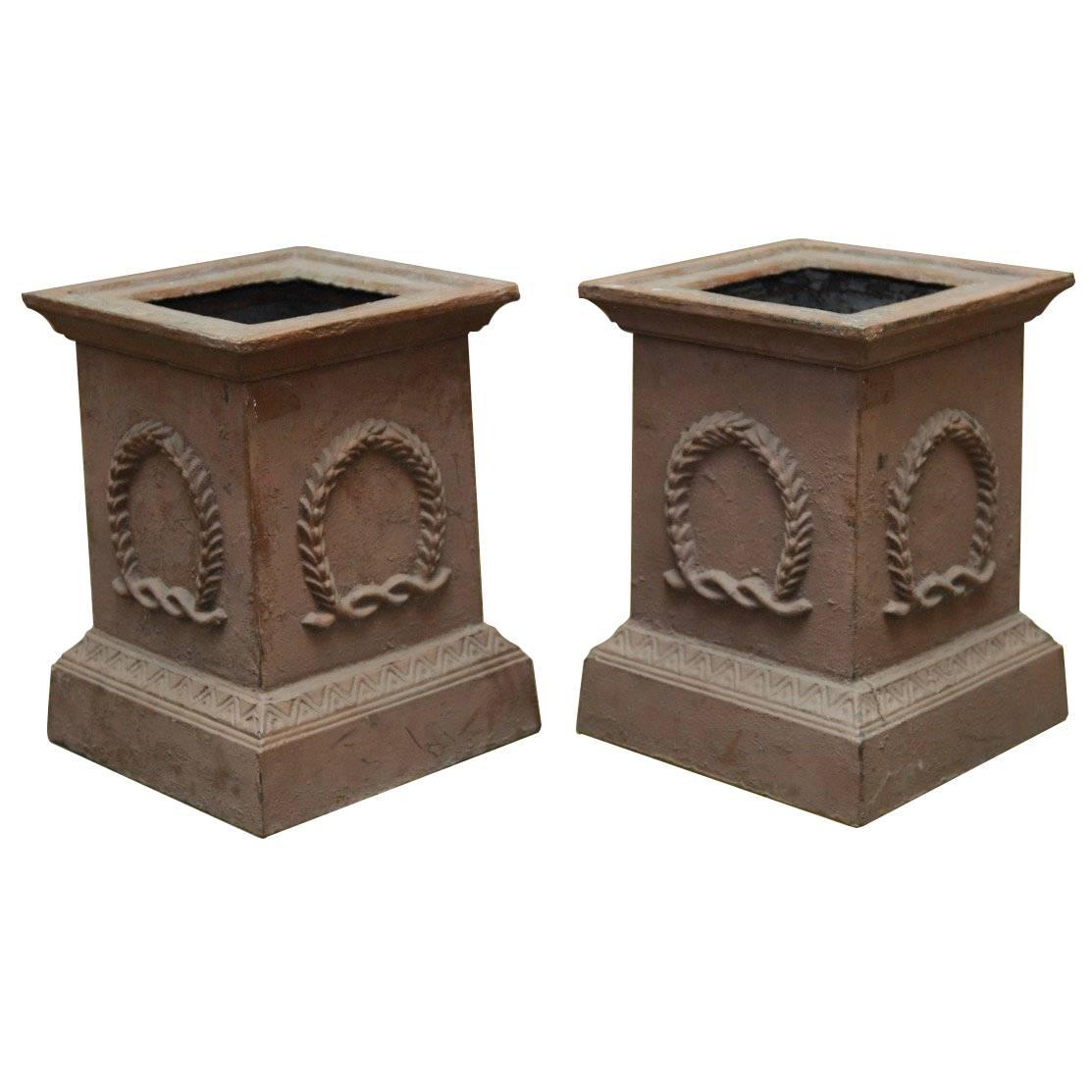 Pair of Neoclassical Cast Iron Square Pedestals or Urns 