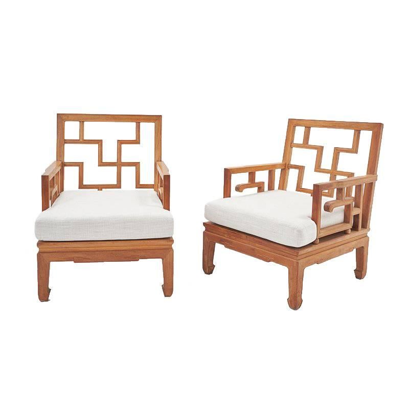 Mid-Century Chinese Chippendale Wooden Teak Indoor/Outdoor Club Chairs, Pair