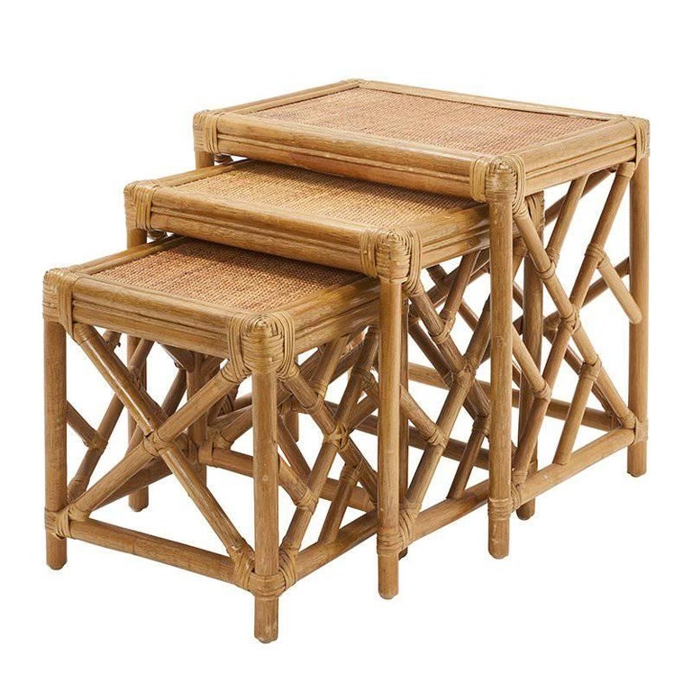 Set of Vintage Woven Natural Rattan Indoor Outdoor Tables For Sale at