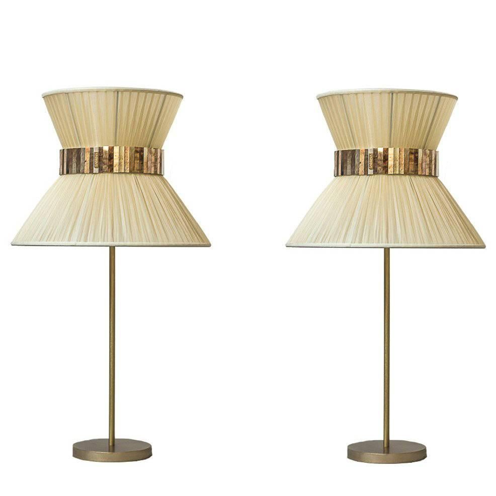 Tiffany contemporary table Lamp Silk, Antiqued Brass, Silvered Glass