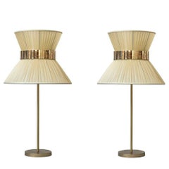 Tiffany contemporary table Lamp Silk, Antiqued Brass, Silvered Glass
