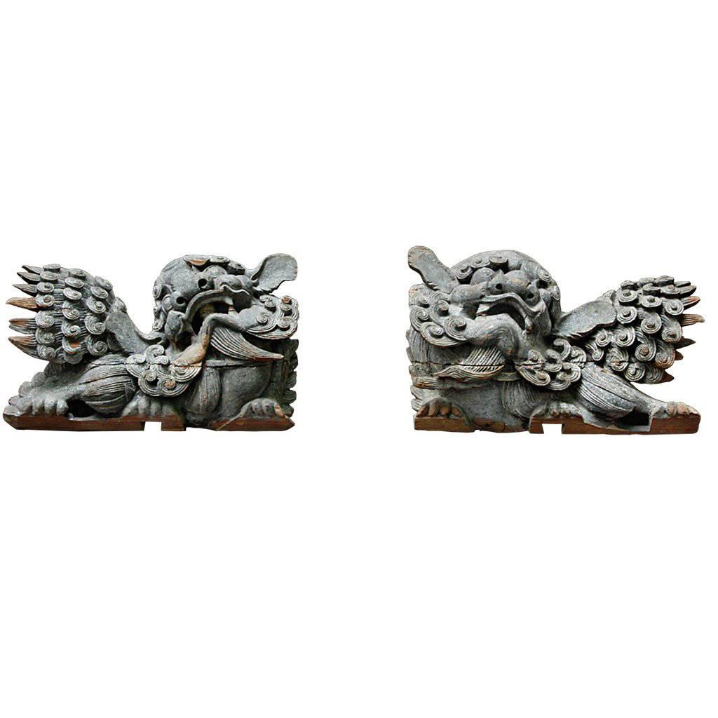 Pair of Late Qing Dynasty Carved Spruce-Wood Guardian Lions 'Foo Dogs' For Sale