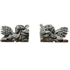 Pair of Late Qing Dynasty Carved Spruce-Wood Guardian Lions 'Foo Dogs'