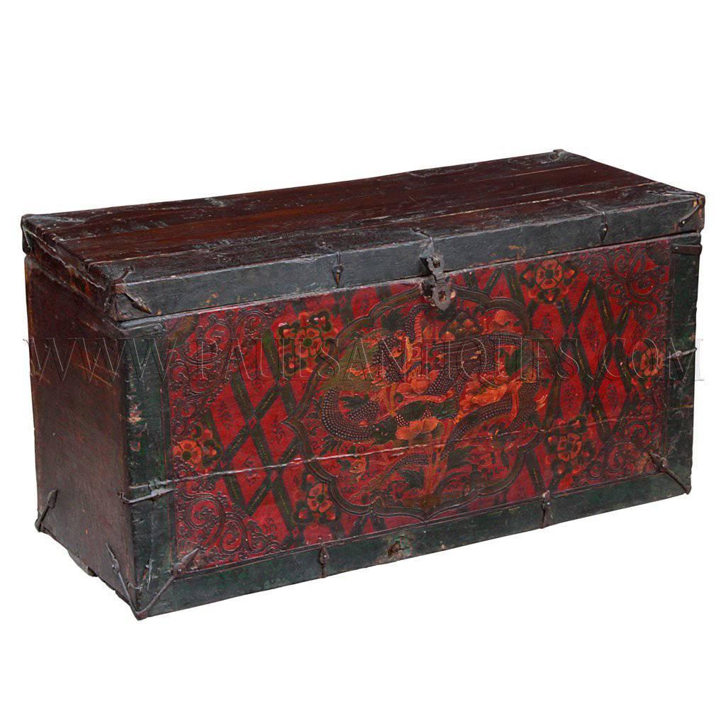 Tibetan Storage Trunk or Box with Gesso Painting of Dragons For Sale
