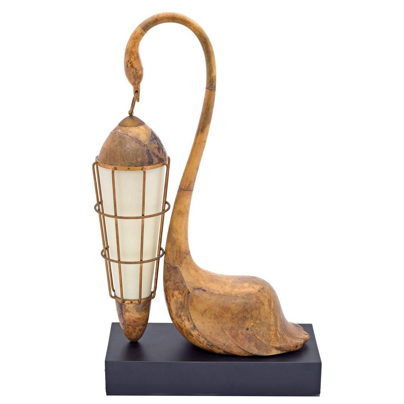 Aldo Tura Goatskin Swan Table Lamp, Italy, 1950s