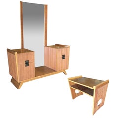 Paul Frankl Combed Wood Vanity with Stool for Brown Saltman