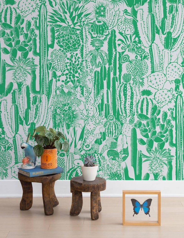 Cactus Spirit Designer Wallpaper in Kelly 'Green and Pale Grey' For ...