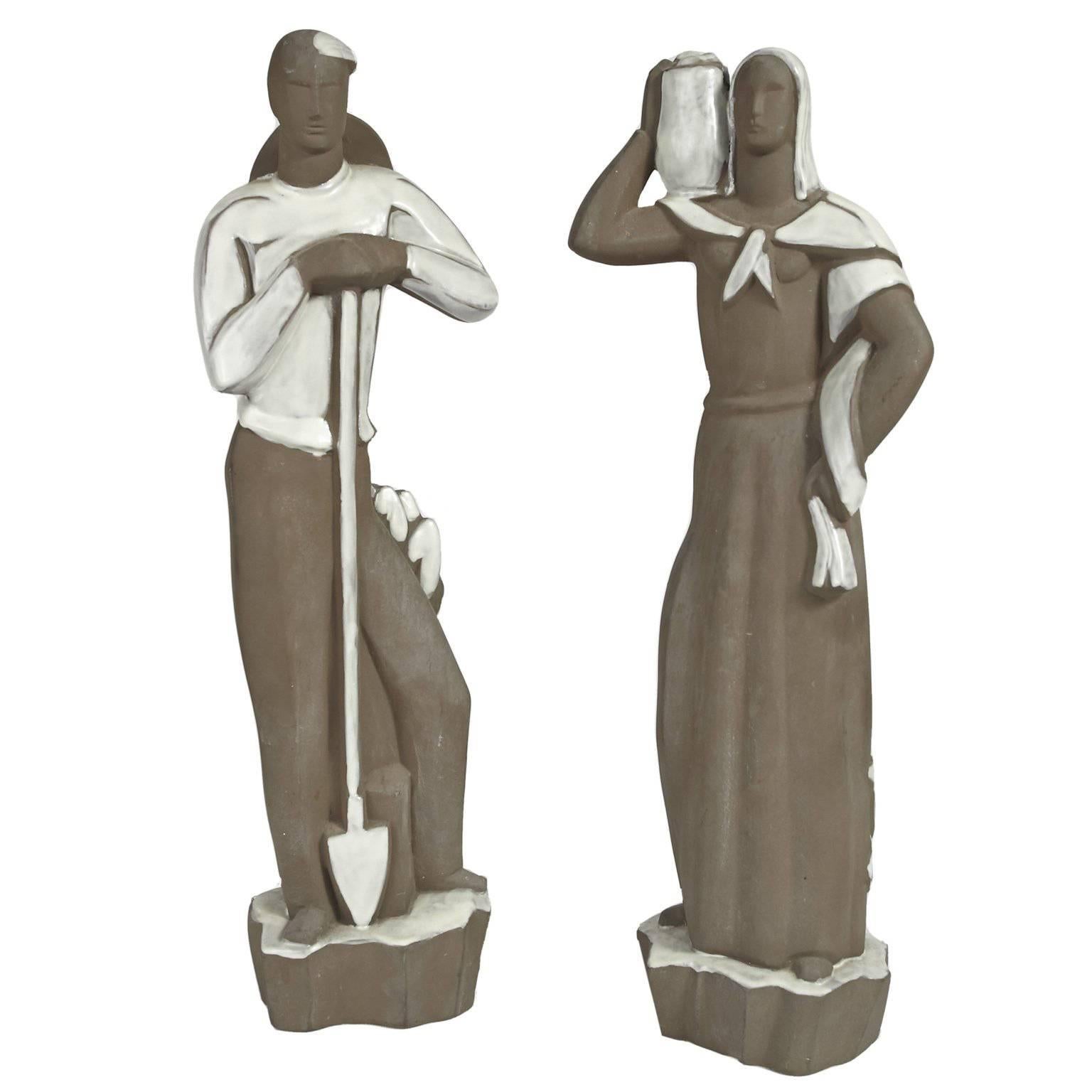 Striking Pair of Ceramic WPA Era/Art Deco Figurines Depicting Workers For Sale