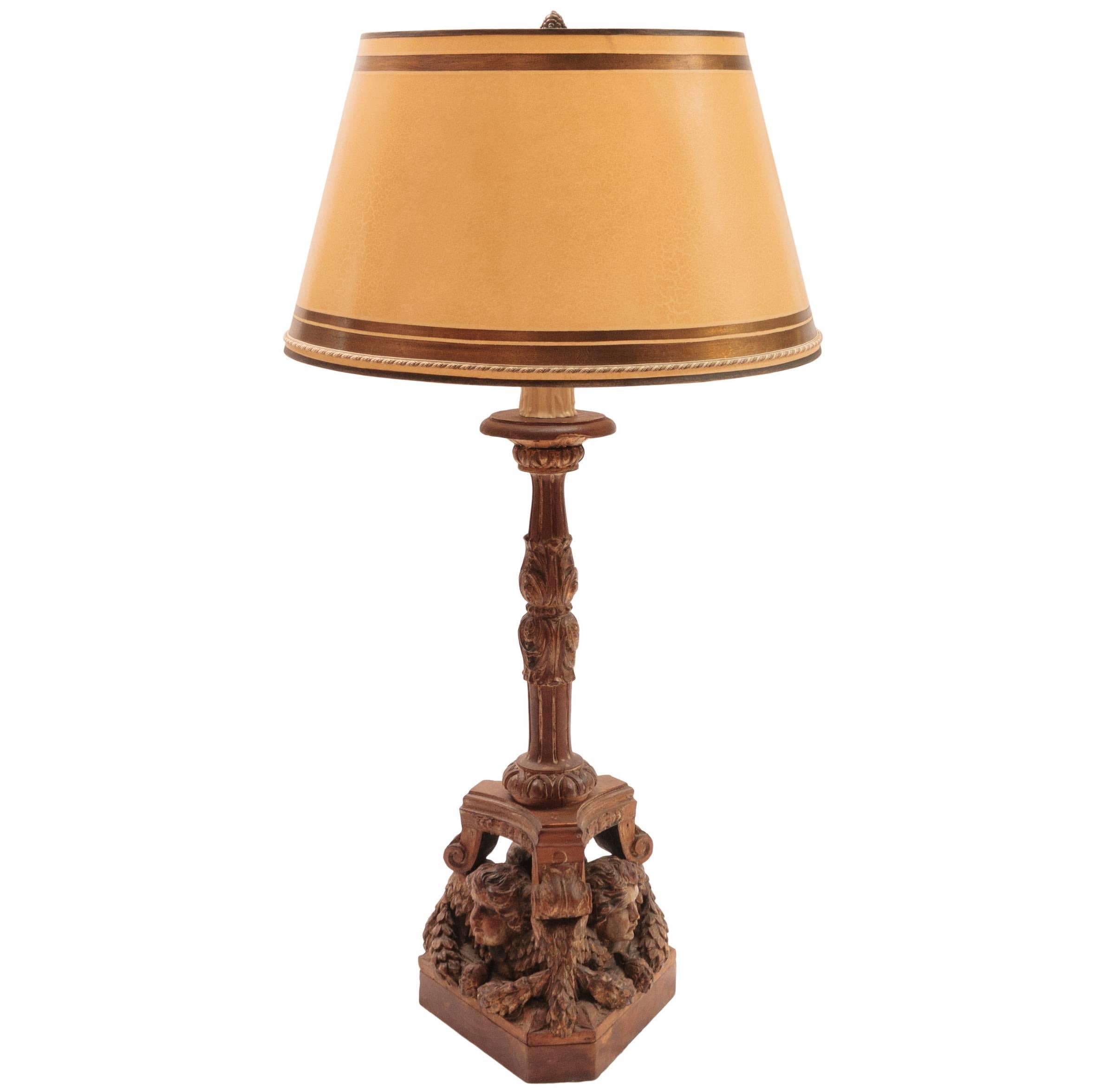 19th Century Italian Carved Wood Cherub Lamp For Sale