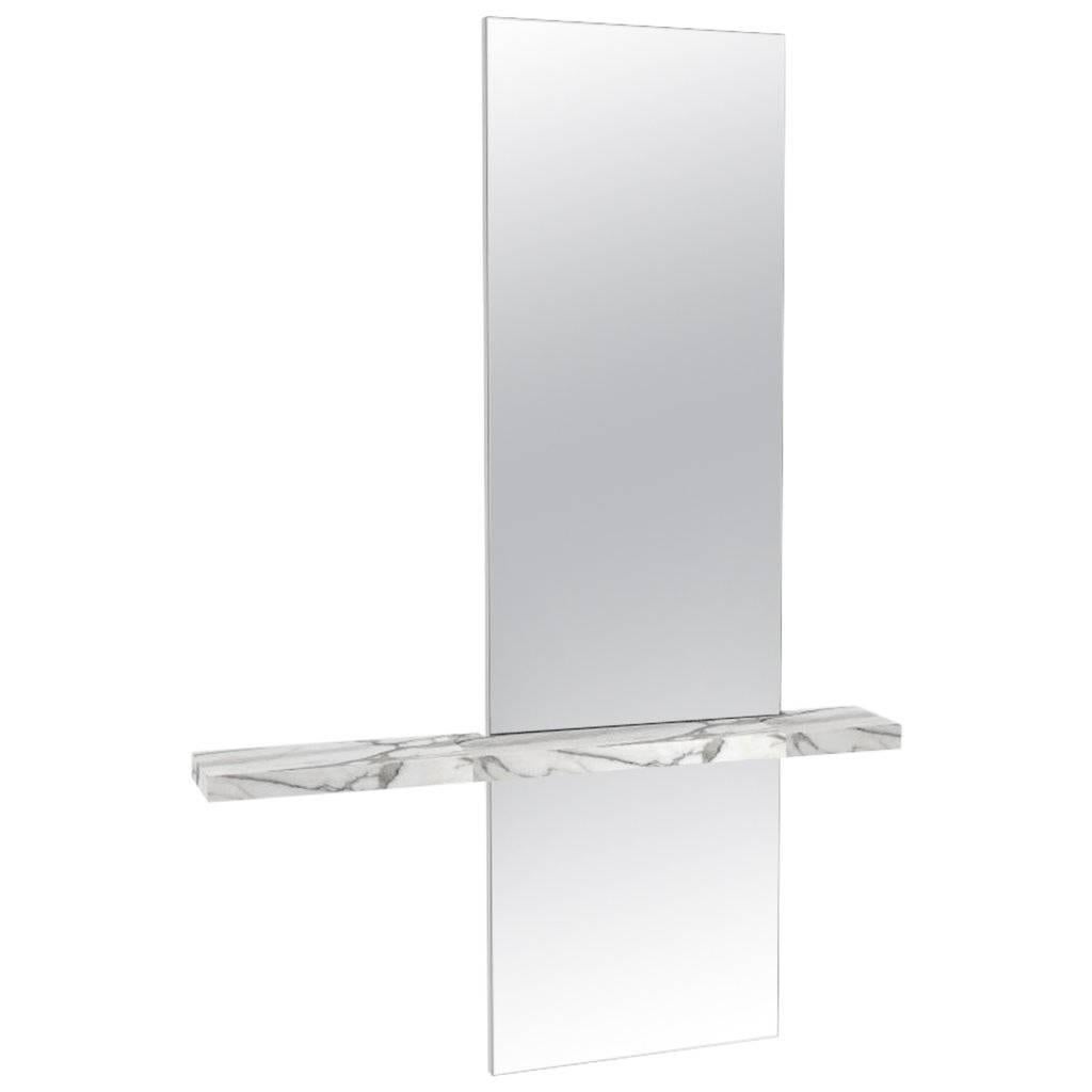 Sculptural Edgewater Minimal Contemporary Mirror with Carrara Marble Shelf For Sale
