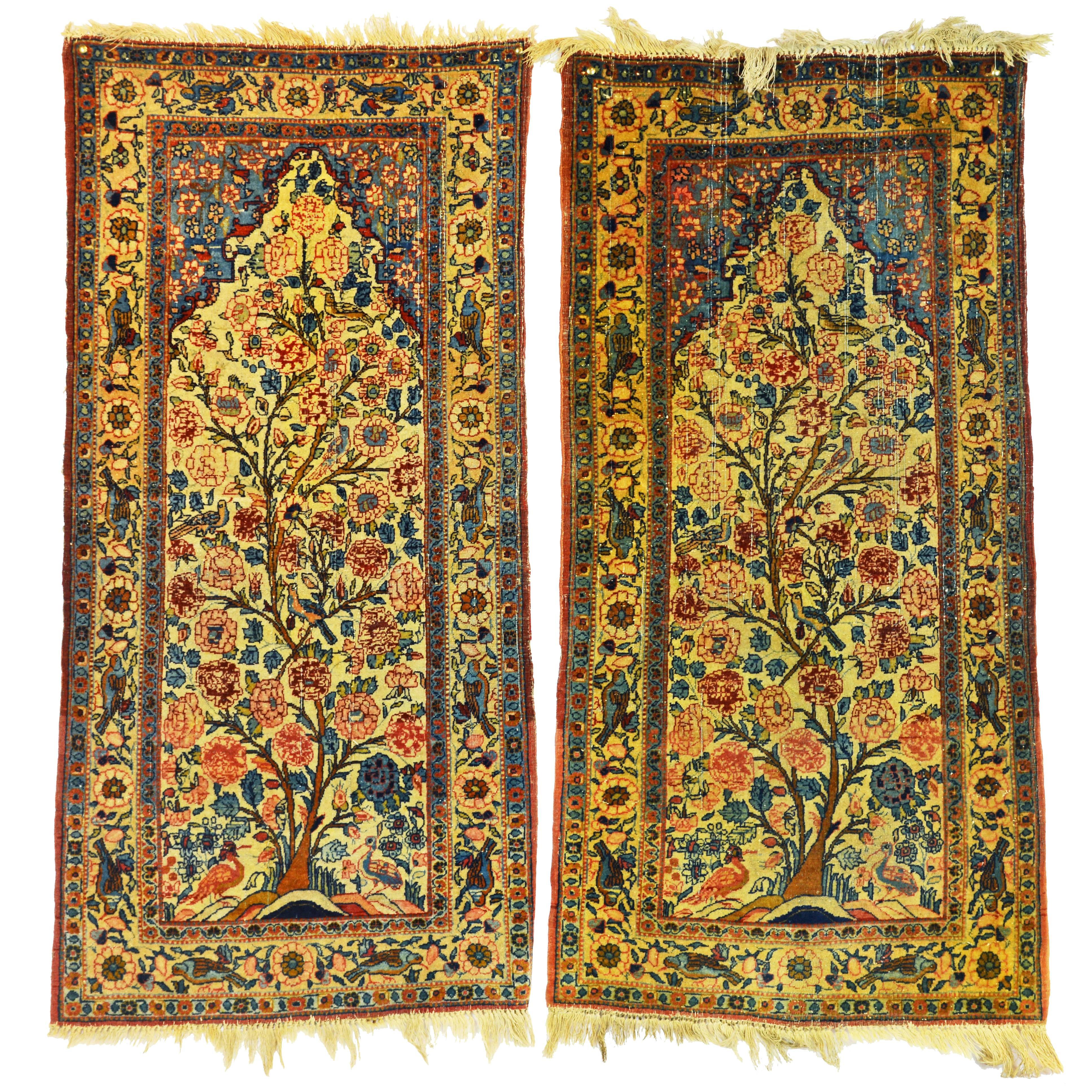 Rare Pair of Antique Lavar Kerman Persian 'Tree of Life' Prayer Carpets