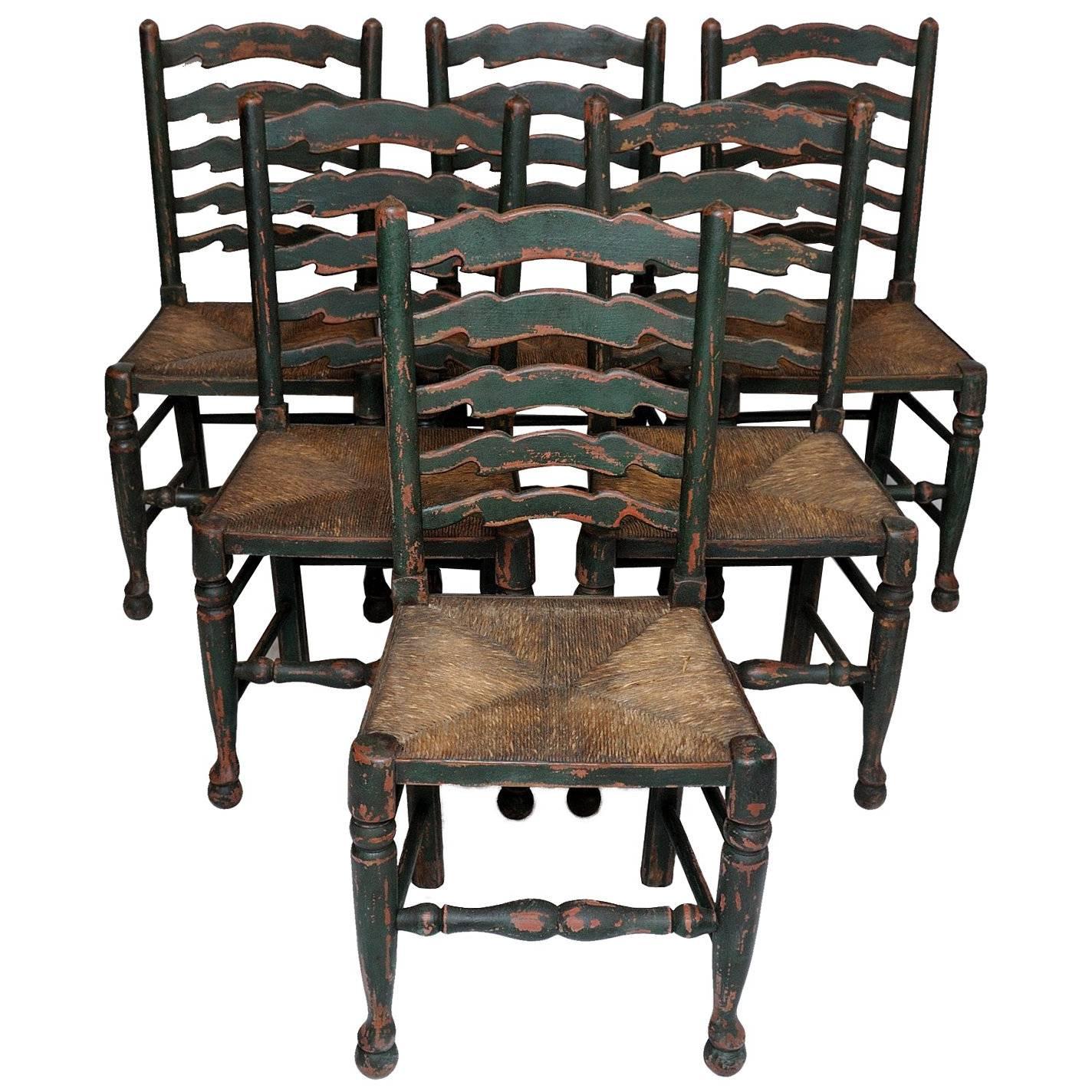 Set of Six English Oak Painted Mid-19th Century Ladder Back Chairs, circa 1860 For Sale