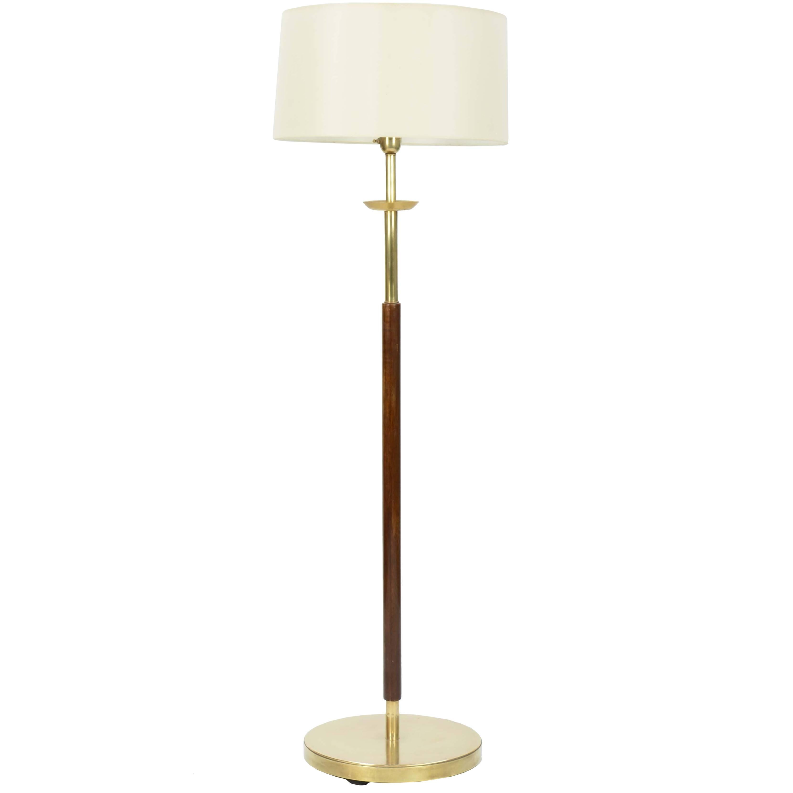 Stunning and Majestic French Modernist Floor Lamp in Brass and Walnut For Sale