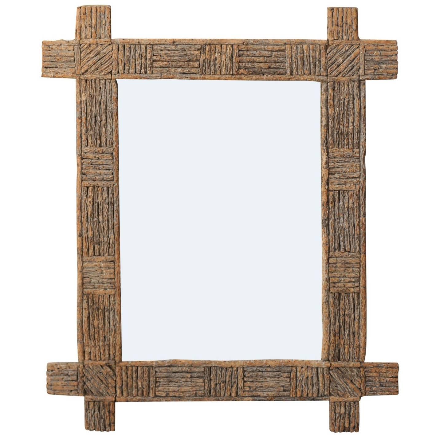 French Rectangular Bark Mirror with Alternating Geometrical Motifs, circa 1920