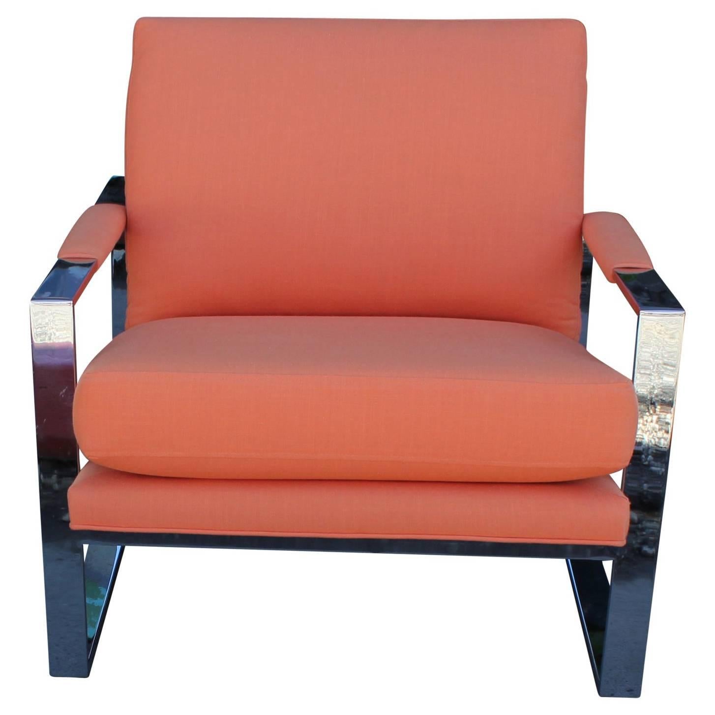 Modern Milo Baughman Chrome and Orange Linen Lounge Chair