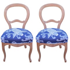 Pair of Victorian Bleached Side Chairs with Balloon Back in Blue Koi Fish Fabric