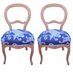 Pair of Victorian Bleached Side Chairs with Balloon Back in Blue Koi Fish Fabric