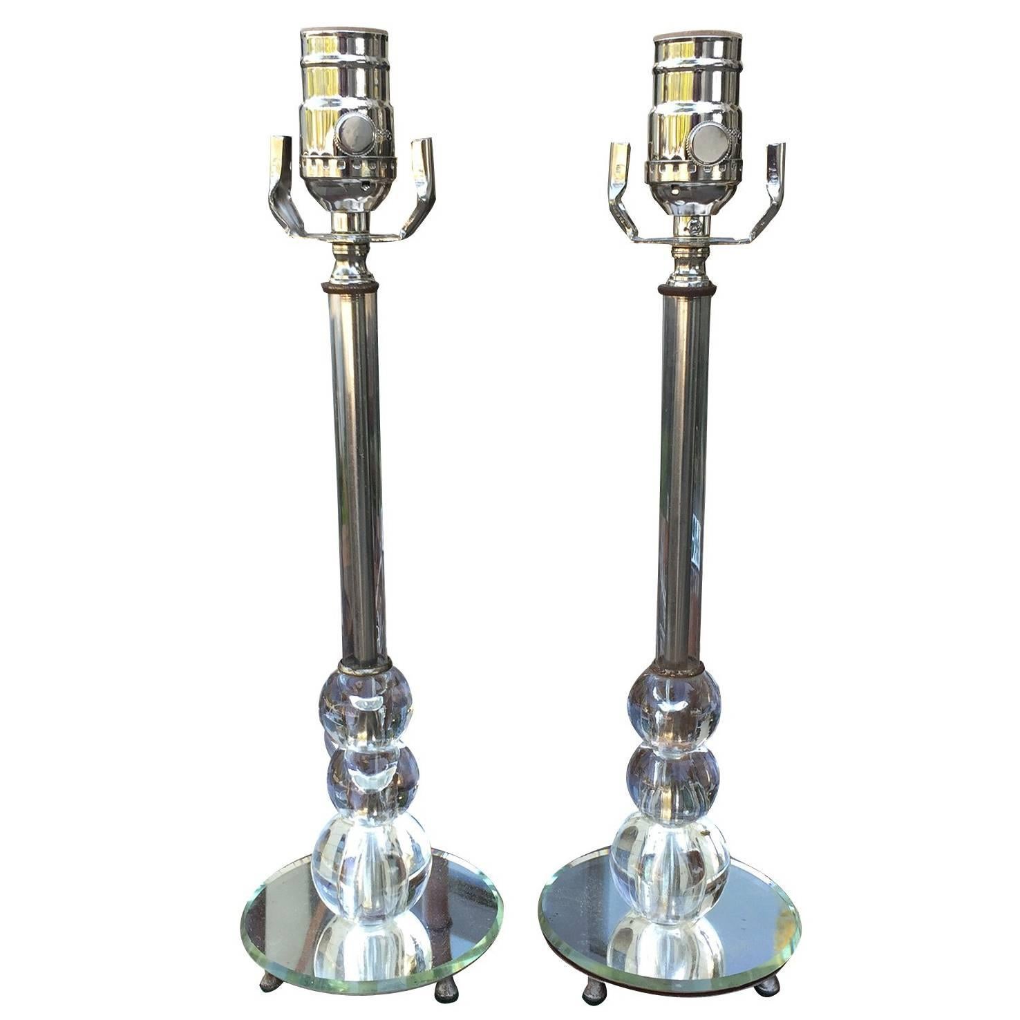 Pair of Art Deco Mirror and Crystal Glass Dressing Table Lamps, circa 1920s