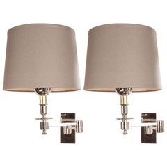 Pair of American Mid-Century Modern Chrome and Brass Adjustable Arm Sconces