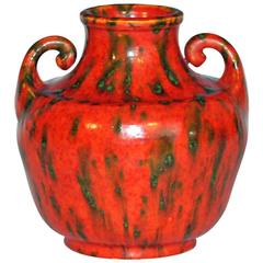 Awaji Pottery Art Deco Atomic Orange Lava Flambe Ceramic Glaze Vase