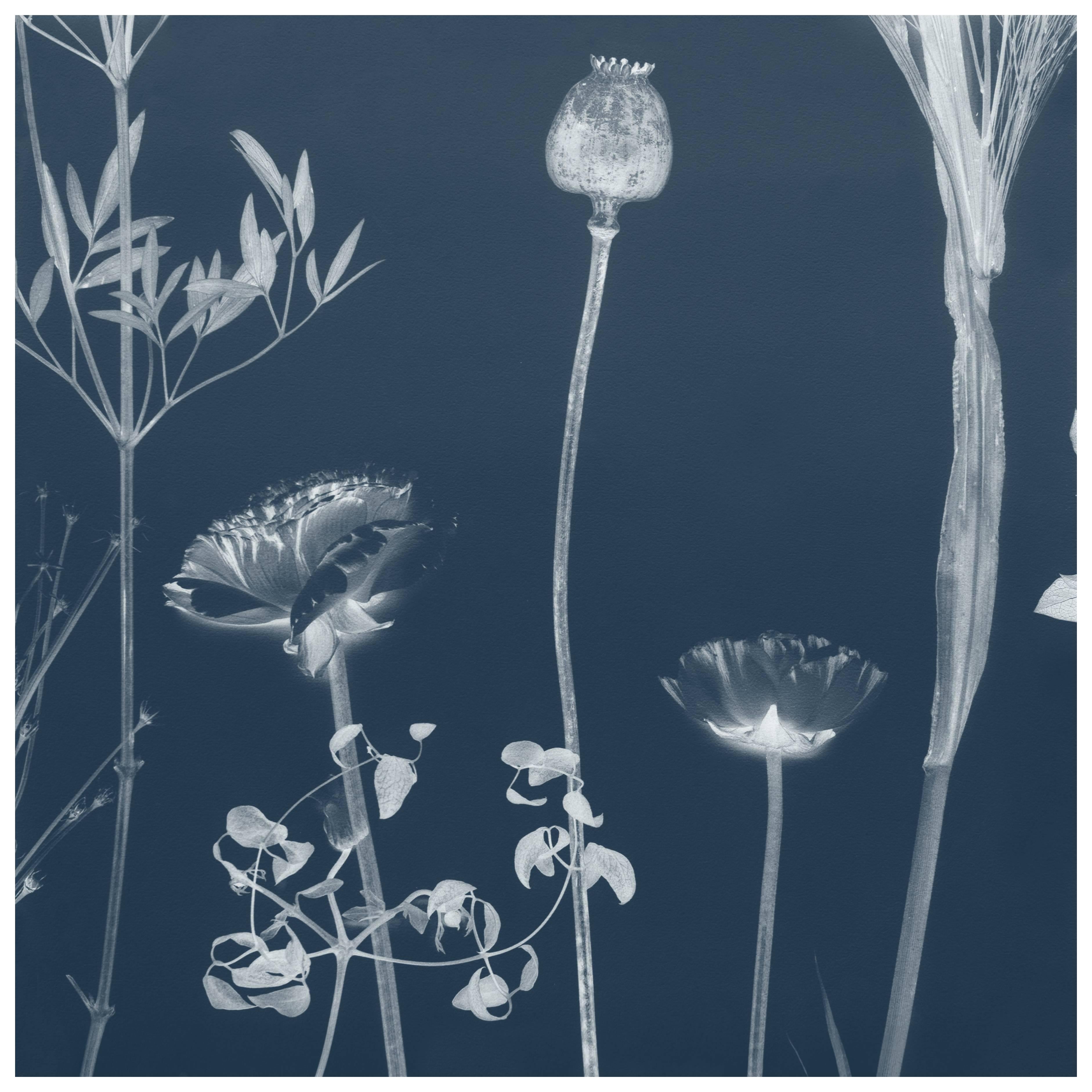 Flora Lavender Wallpaper or Wall Mural in Matte Cyanotype Blue For Sale