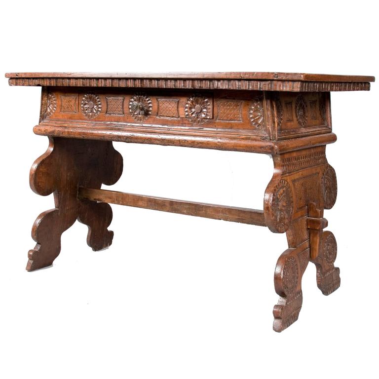 17th Century Antique Hall Or Writing Table With Hand Carved Chip Carved Desk Or Console Table 17th Century Portuguese