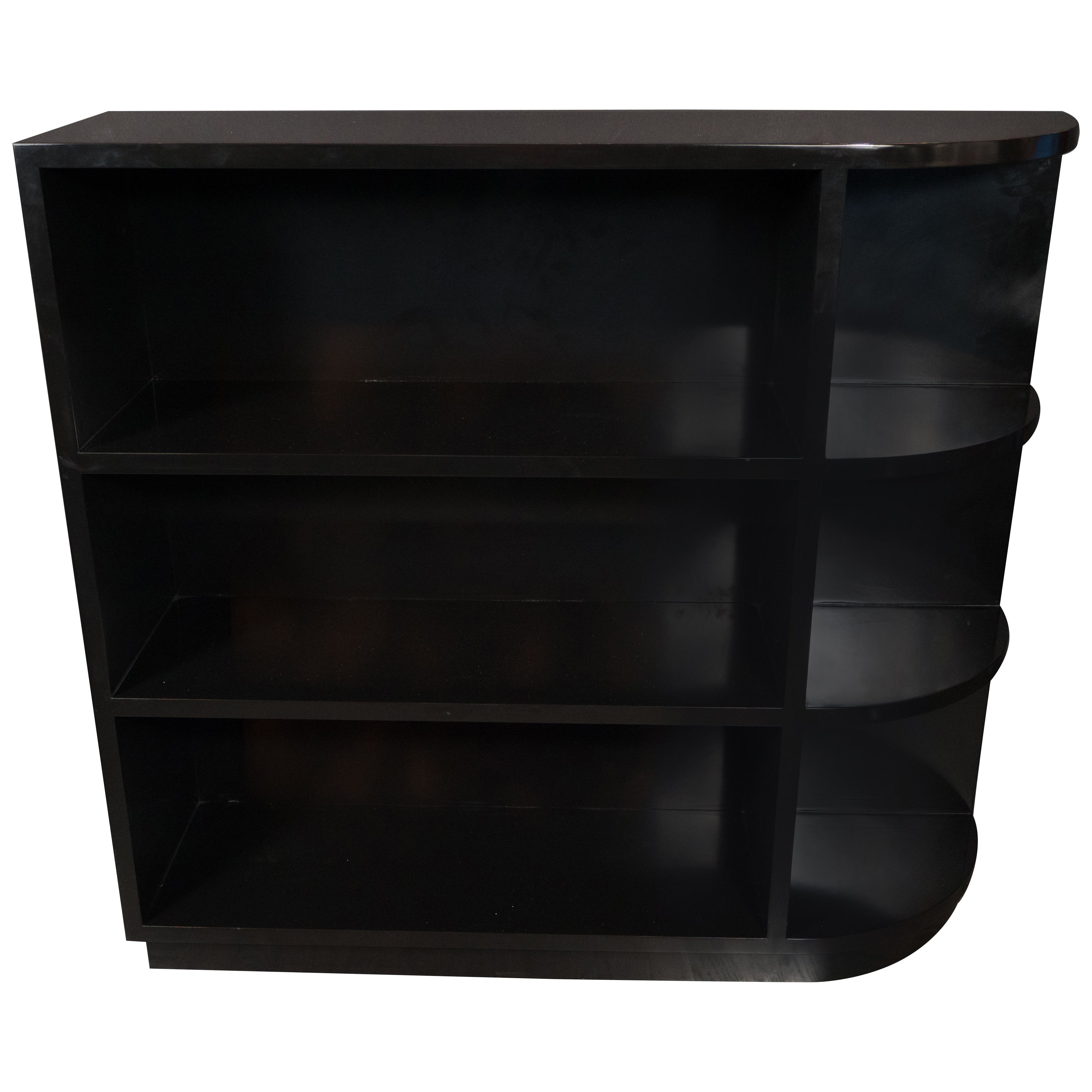 Art Deco Streamlined Machine Age Black Lacquer Bullet Bookcase For Art Deco Streamlined Machine Age Black Lacquer Bullet Bookcase For At 1stdibs