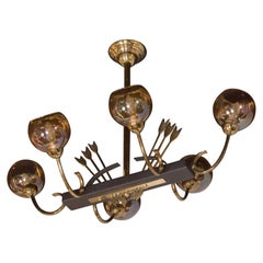 French Mid-Century Modern Flying Arrow Chandelier in Brass and Ebonized Walnut