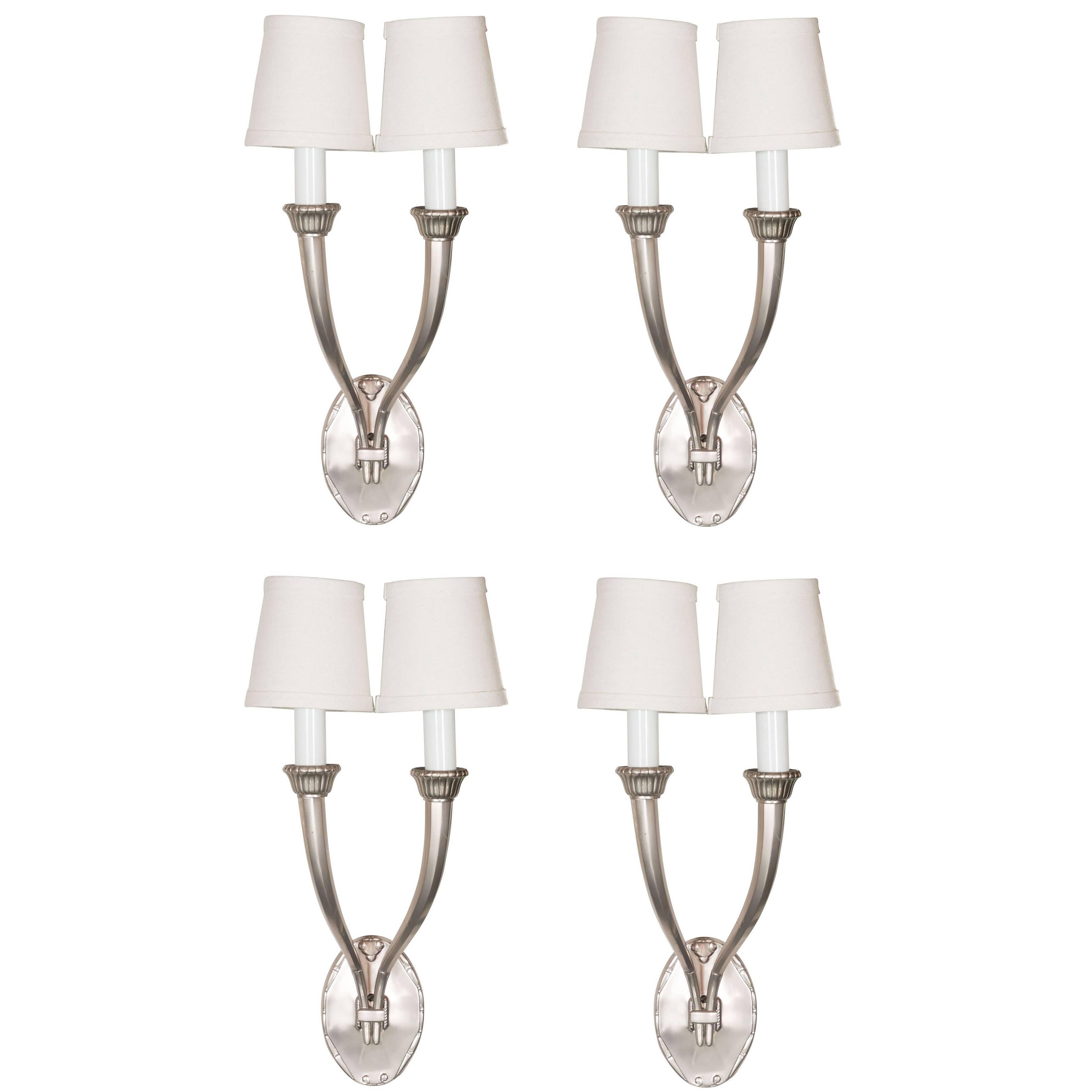 Set of Four French Art Deco Brushed Nickel Sconces in the Manner of Paul Kiss