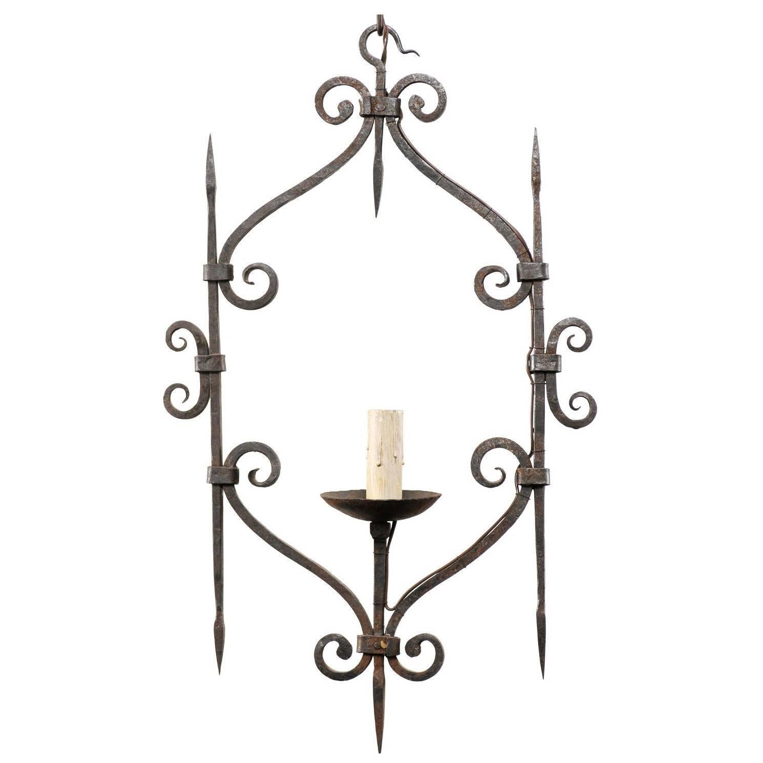 French Single Light Scrolled Hand-Forged Iron Chandelier, Midcentury, Vintage