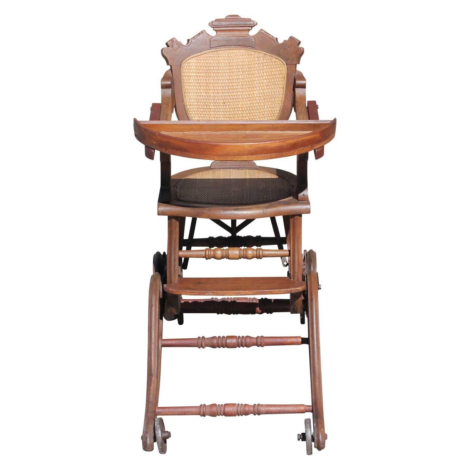 1880s American Victorian Walnut and Cane Metamorphic Highchair on Wheels