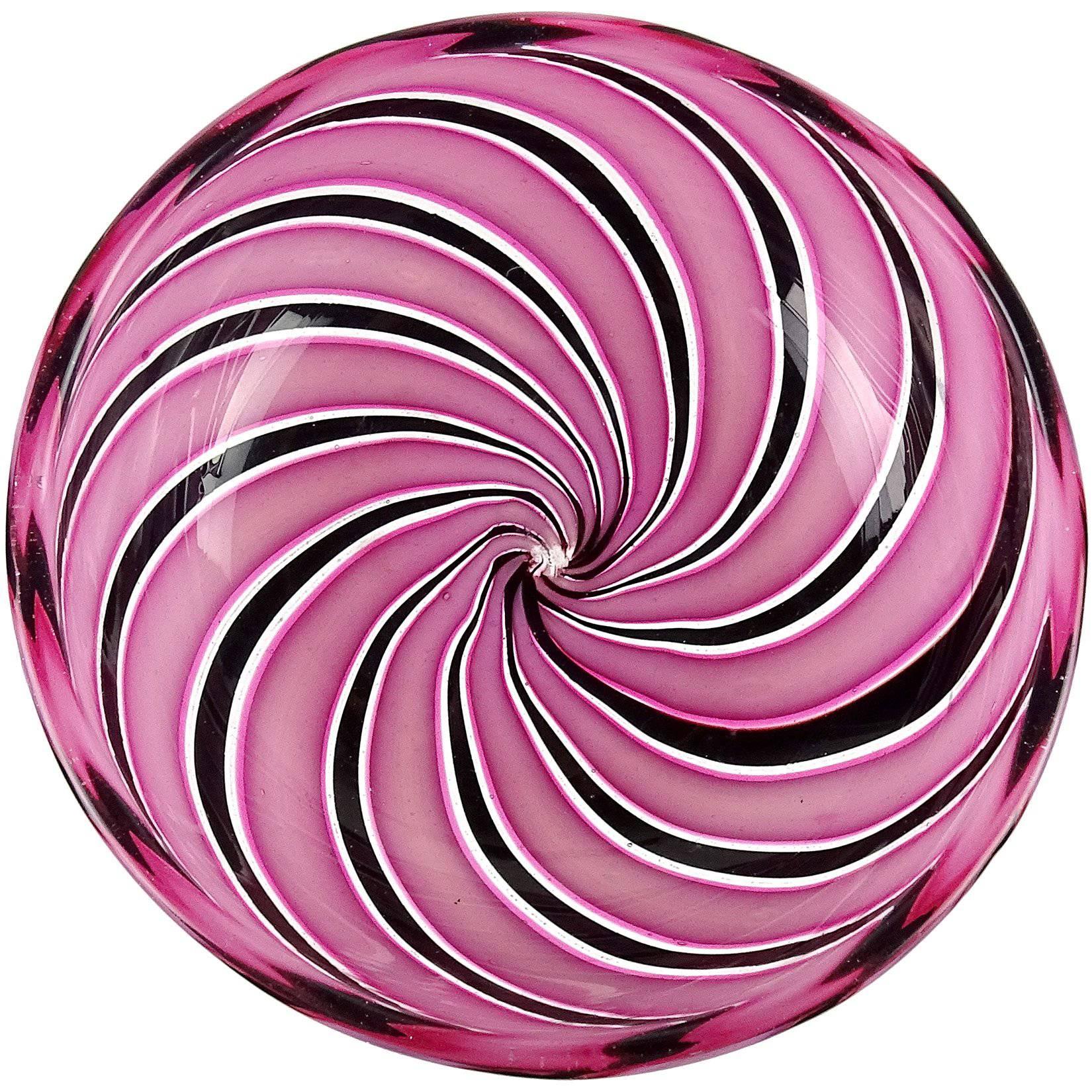 Murano Pink Black Aventurine Swirl Ribbons Italian Art Glass Decorative Dish