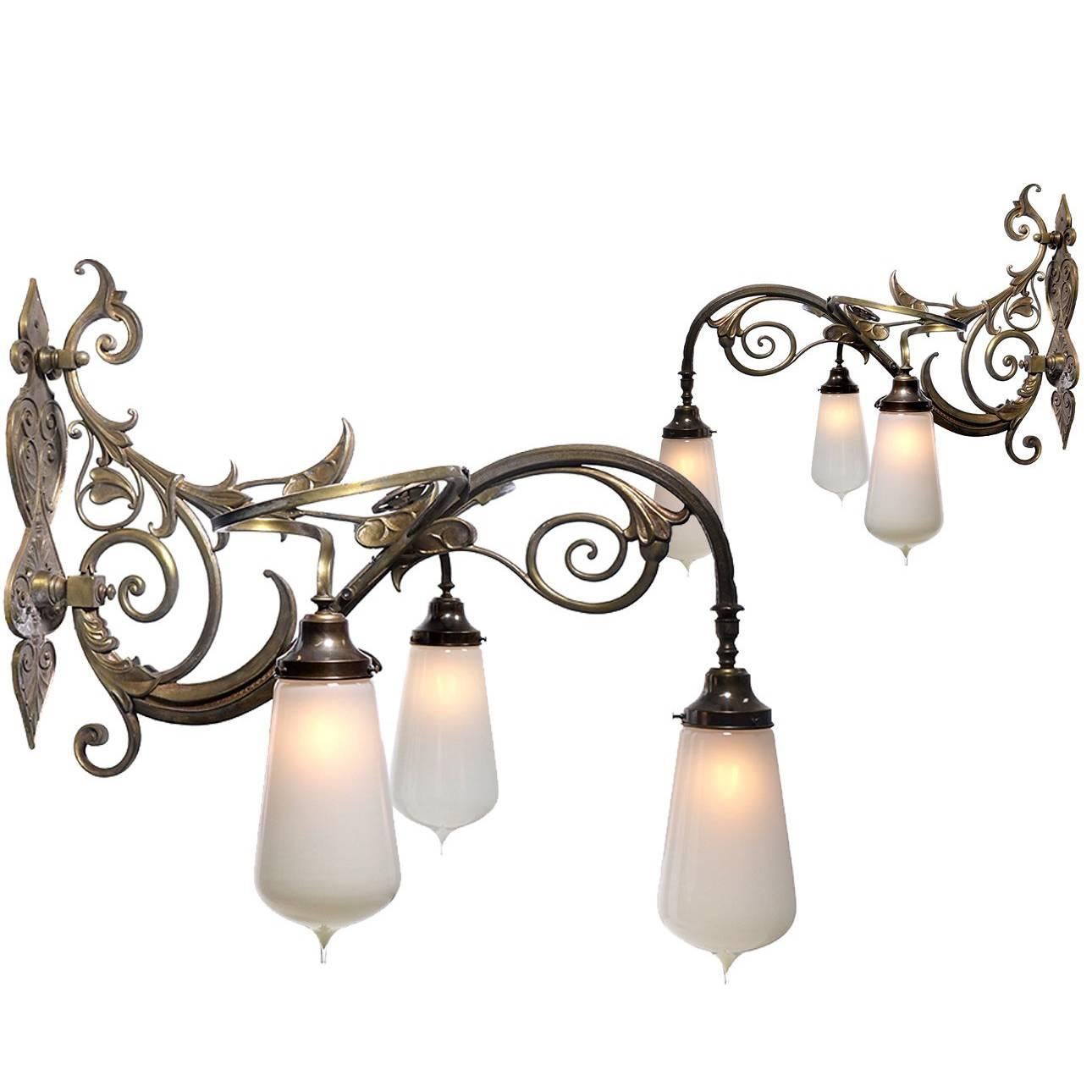 Large Pair of Bronze and Vaseline Glass Sconces