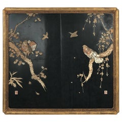 Antique Japanese Lacquered Panel with Inlaid Mother-of-Pearl Bird Design
