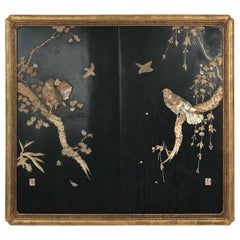 Japanese Lacquered Panel with Inlaid Mother-of-Pearl Bird Design