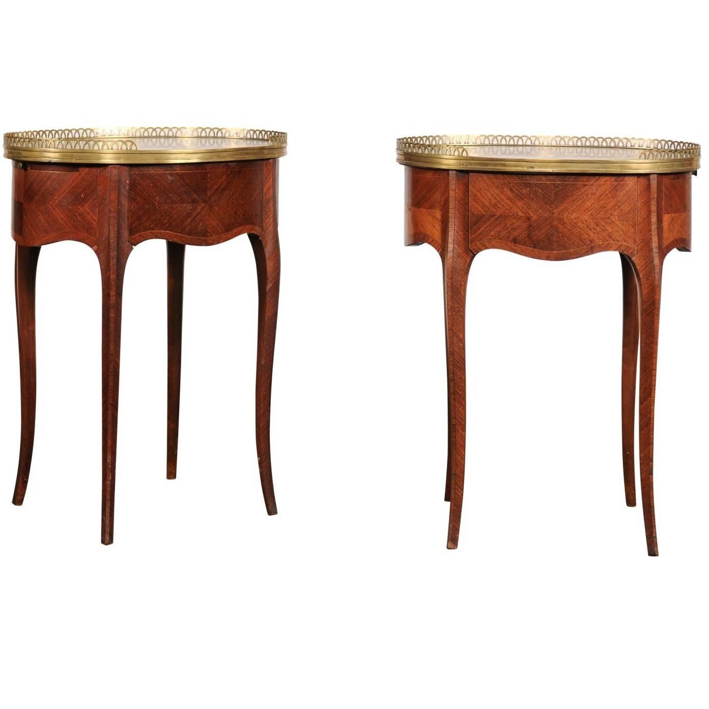 Pair of circa 1900 French Marble-Top, Bronze Gallery Tables with Drawers
