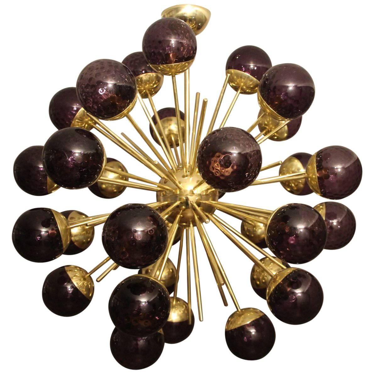 Midcentury Style Italian Sputnik Brass and Purple Murano Chandelier