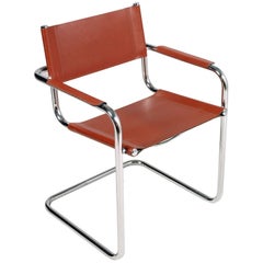 Italian S 33" Leather and Chrome Cantilever Chair, Designer Mart Stam circa 1970