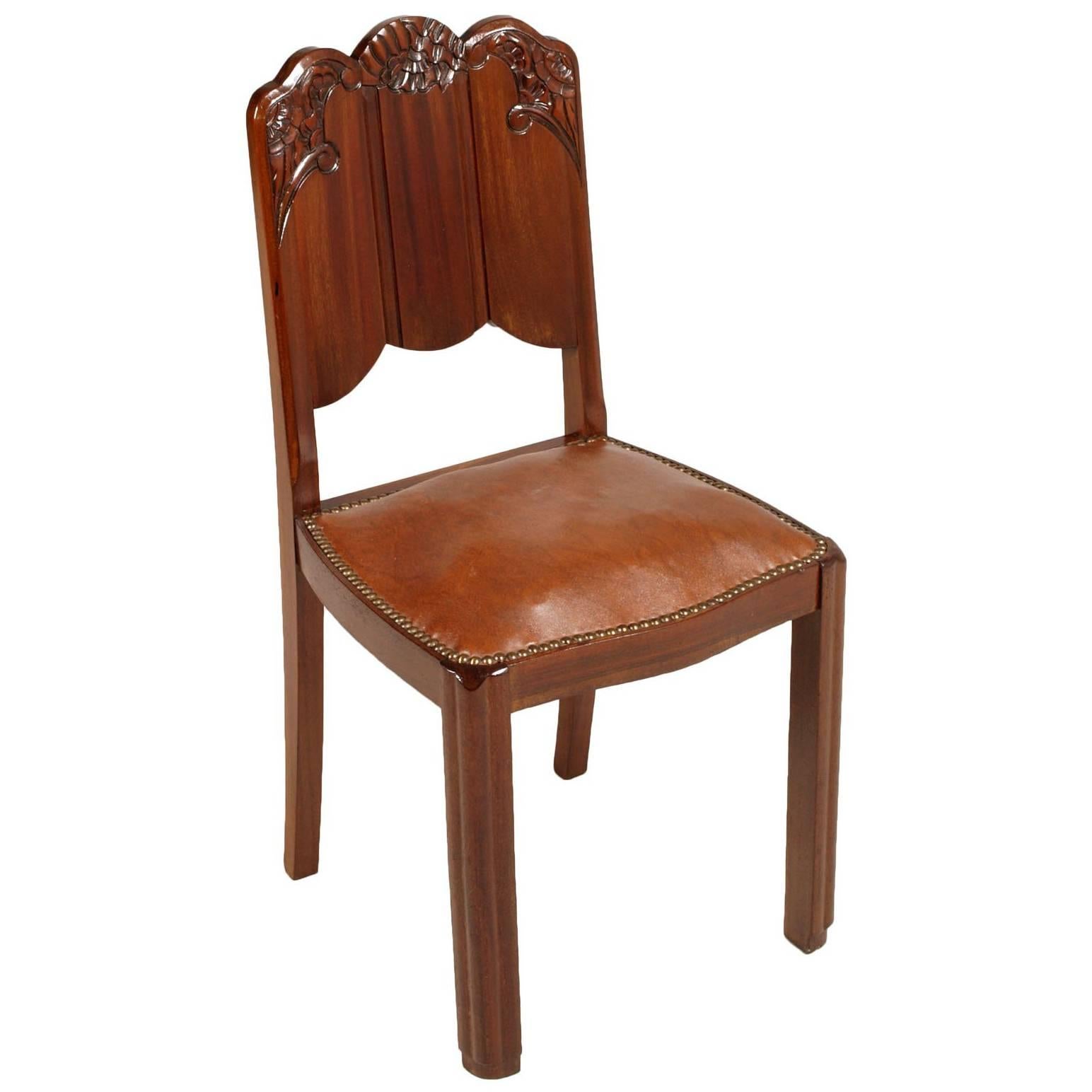 Early 20th Century French Art Nouveau Carved Mahogany Chair, Leatherette Seat For Sale