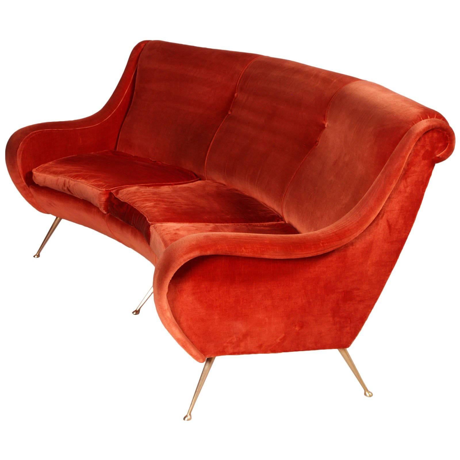 Three-Seat Curved Sofa Marco Zanuso design, Brass Legs Original Red Coral Velvet