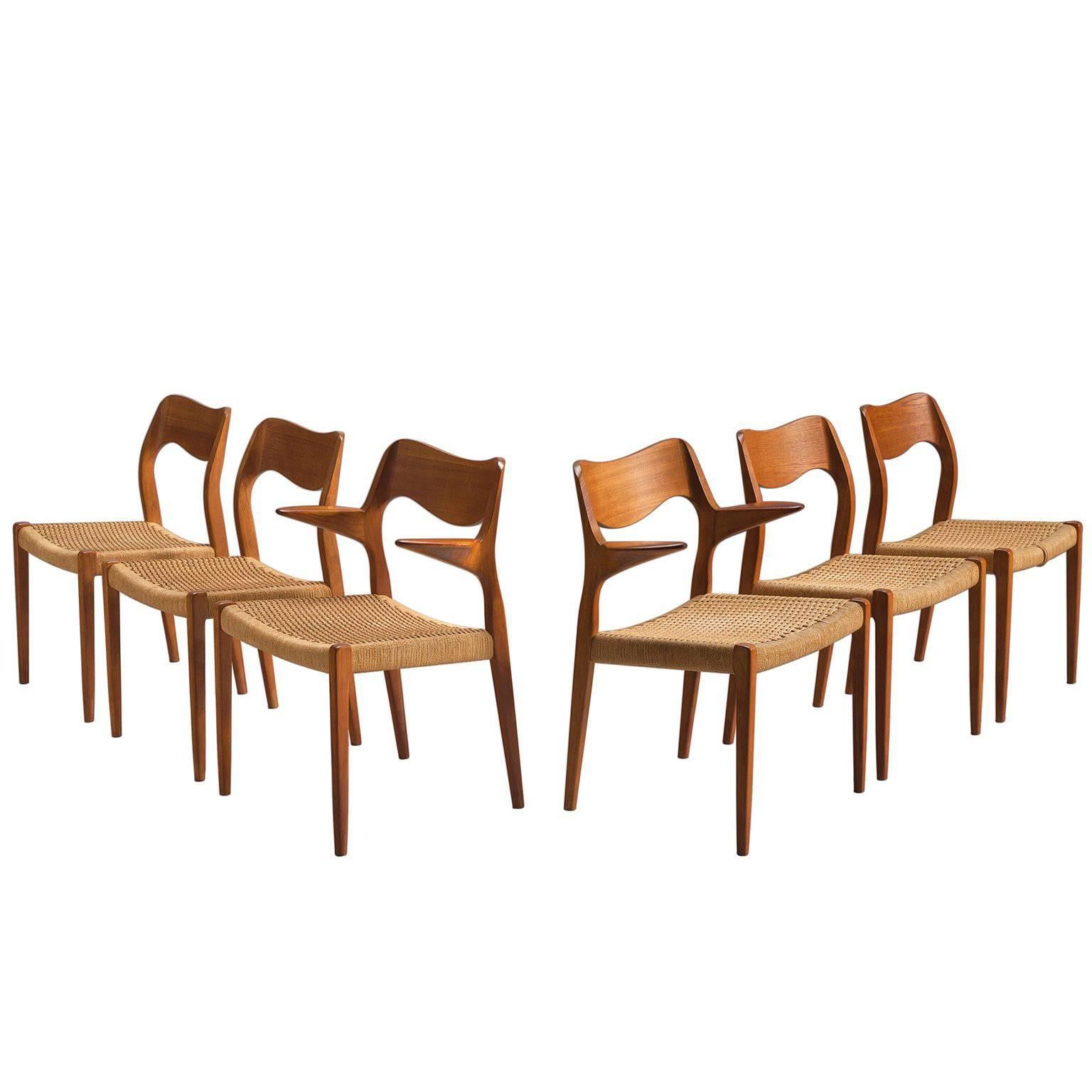 Niels O. Moller Set of Six Dining Chairs in Teak and Cane Upholstery